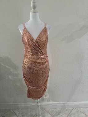 Grace Karin Rose Gold Sequin Midi Dress with Wrap V-Neck